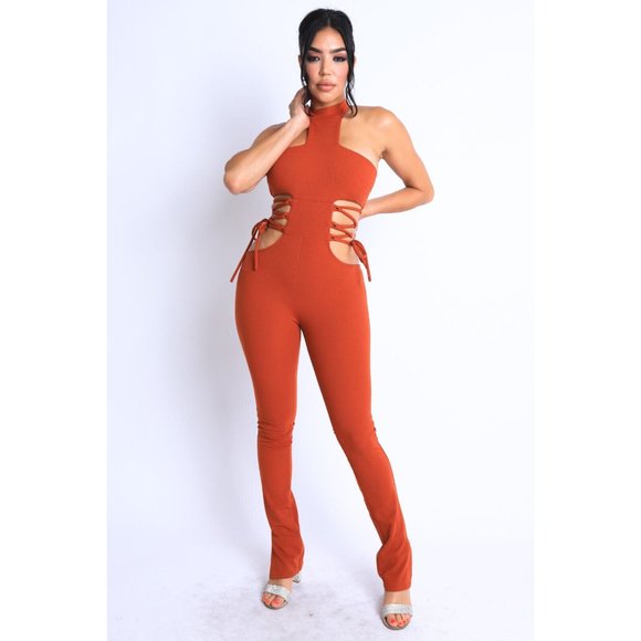 Women's Sexy Party Clubwear Cut Out Tie Detailed Grecian Neckline Jumpsuit - Picture 11 of 12